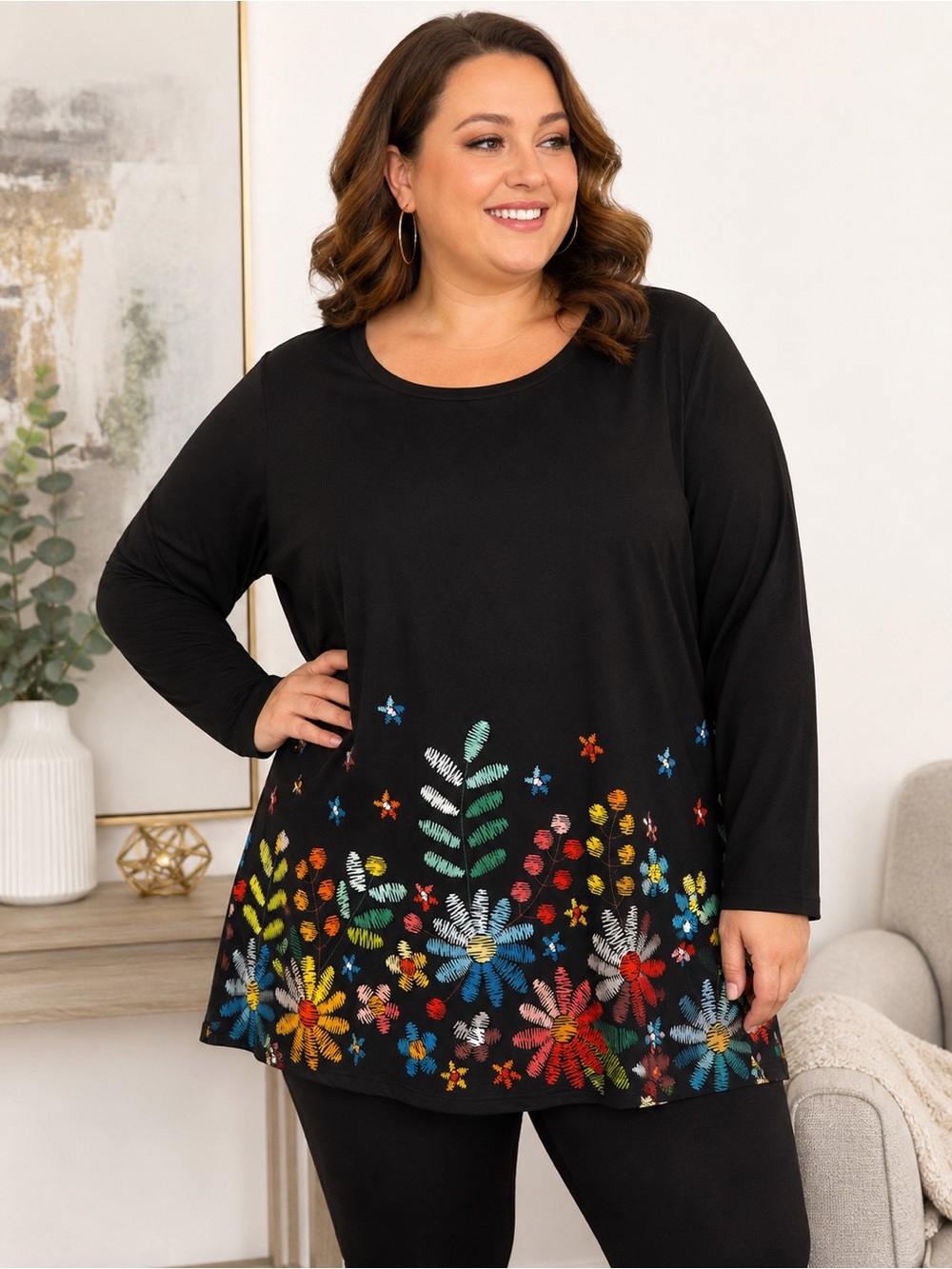 NANU Womens 2X Black Floral Border Print Long Sleeve Tunic Top Stretch Plus Size